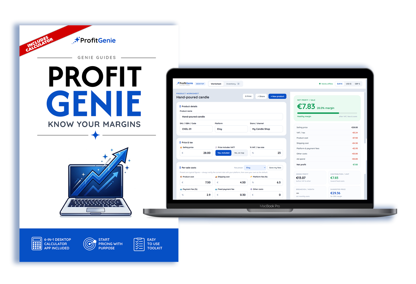 ProfitGenie: Know Your Margins guide with the desktop calculator app shown on a laptop