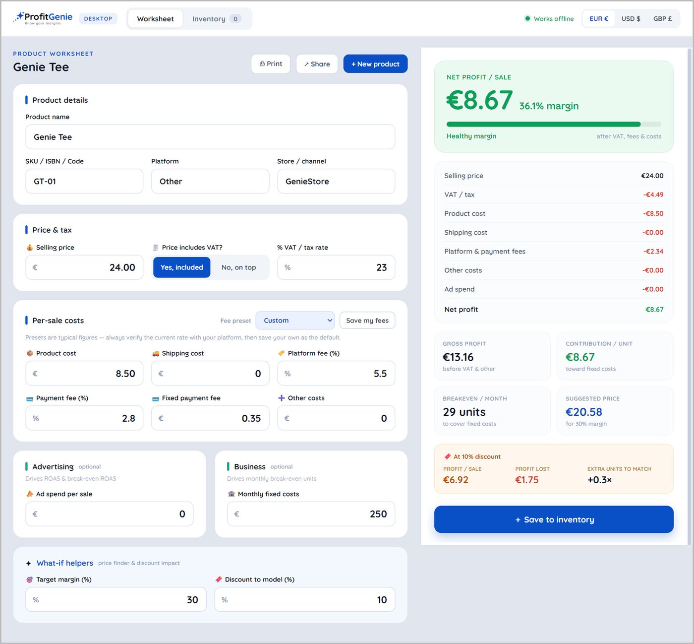 ProfitGenie desktop calculator worksheet showing a full profit breakdown